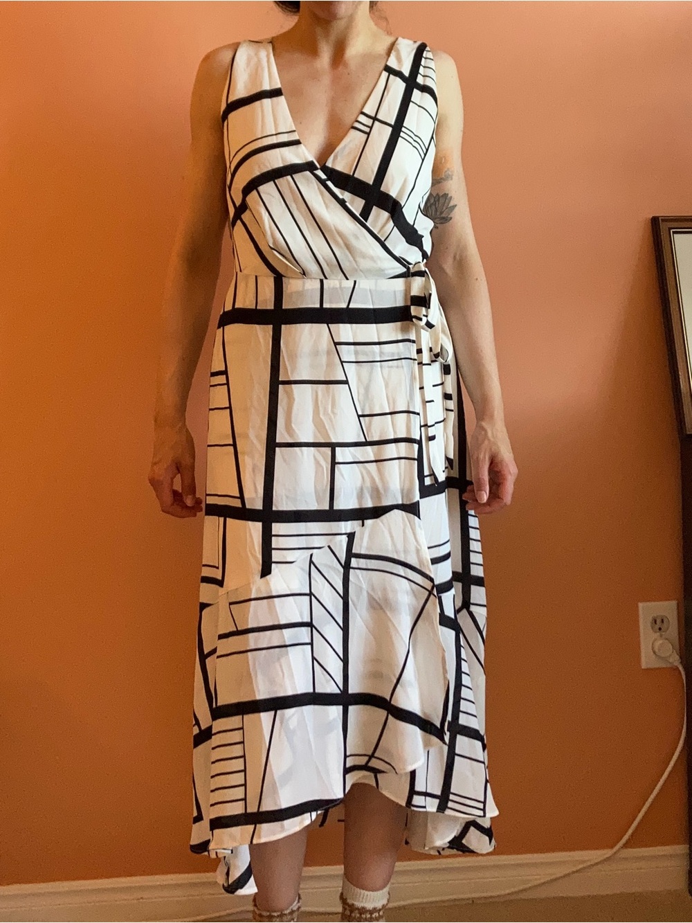 Banana Republic White Wrap Dress with Black Geometric Print